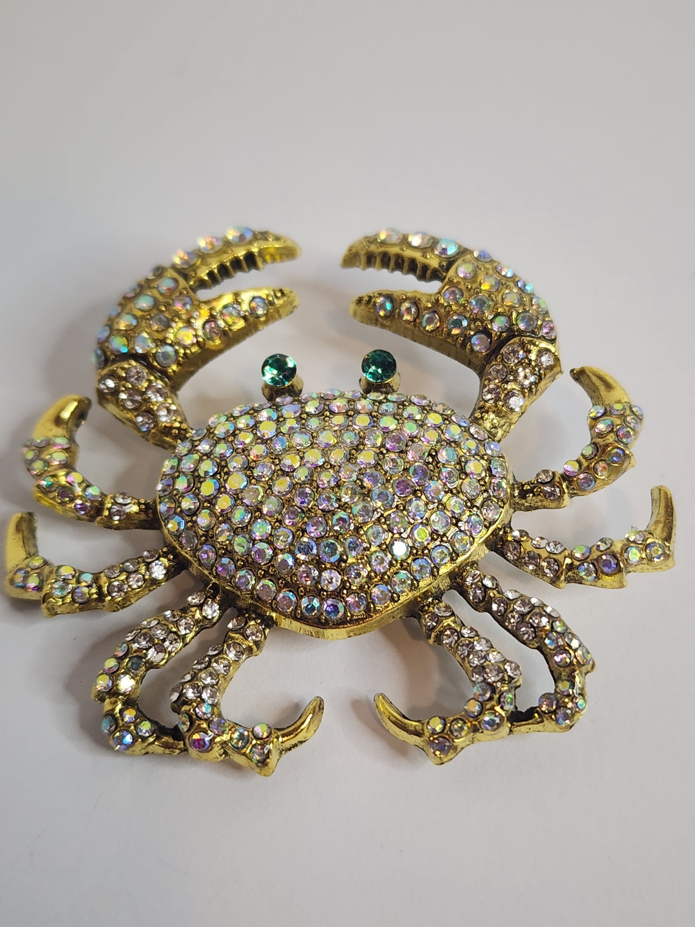 Gold-tone Crystal Crab Brooch with Iridescent Rhinestones 2.25" X 2.25"
